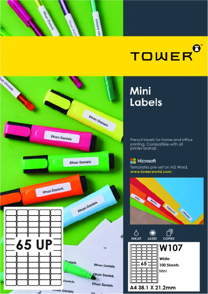 Tower Labels Laser A4 65Up 38.1mm x 21.2mm White CIL W107/100S Box 100
