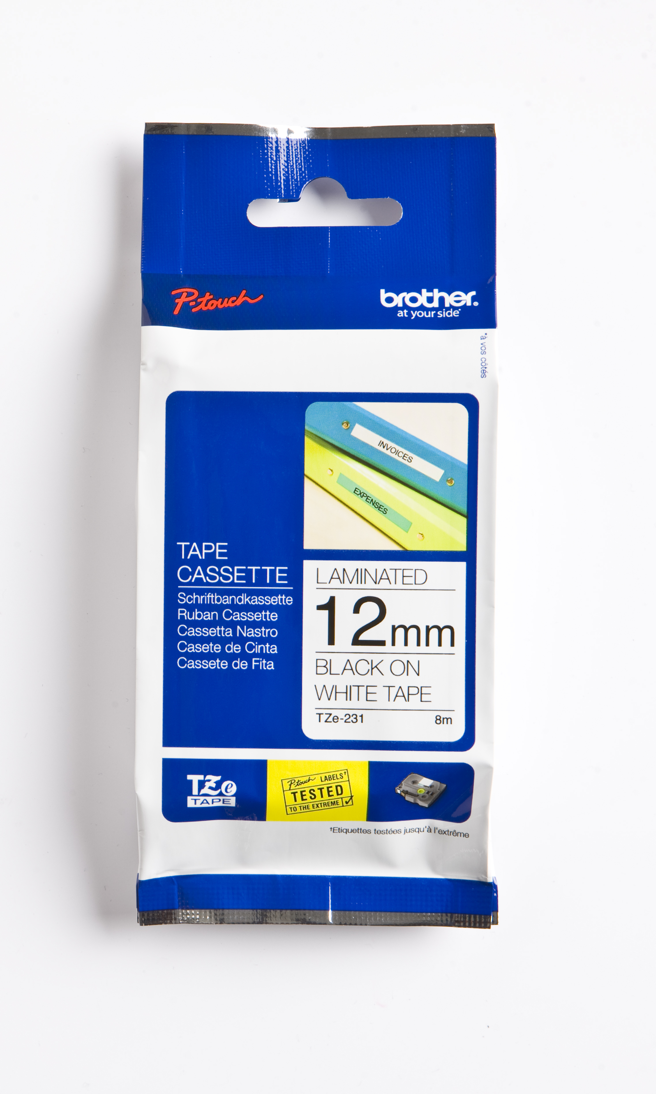 Brother P-touch laminated labelling tape black on white 12mm x 8m