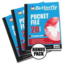 A4 Butterfly Pocket File Value Pack 3 x 20 Pocket Files