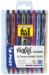 Pilot Frixion Clicker, Retractable Erasable Rollerball, 0.7 mm Tip - Set of 6 + 2