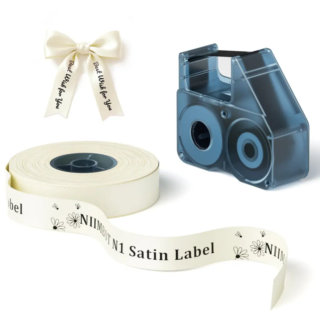 Niimbot - N1 Only - Satin Ribbon Sets - 14mm X 5.1 Meters - Black on Beige