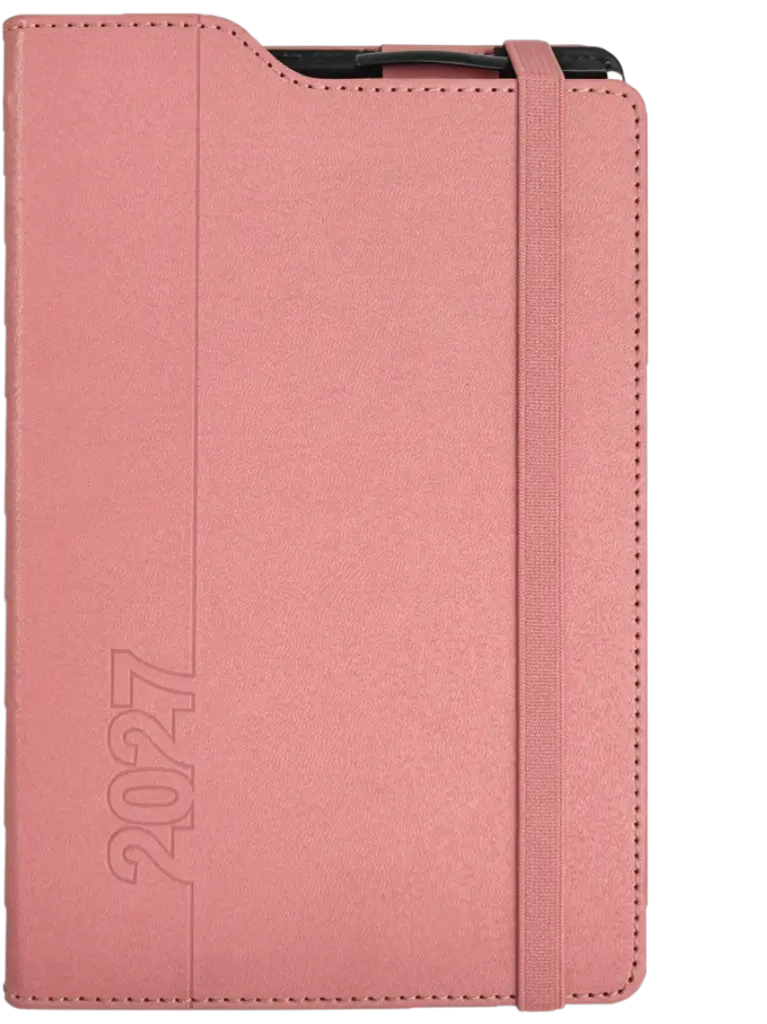 A5 Page-A-Day Penholder With Pen Perimeter Stitched Rounded Corners Gilded Edges Elastic Band (433386) - Pink