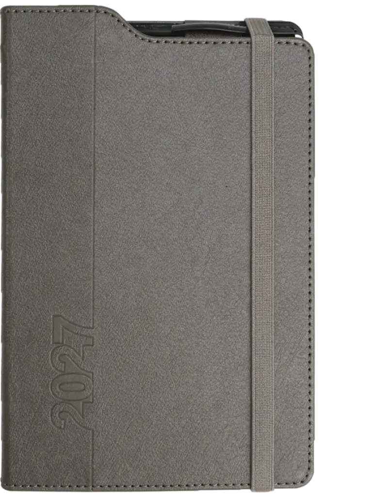A5 Page-A-Day Penholder With Pen Perimeter Stitched Rounded Corners Gilded Edges Elastic Band (433386) - Grey