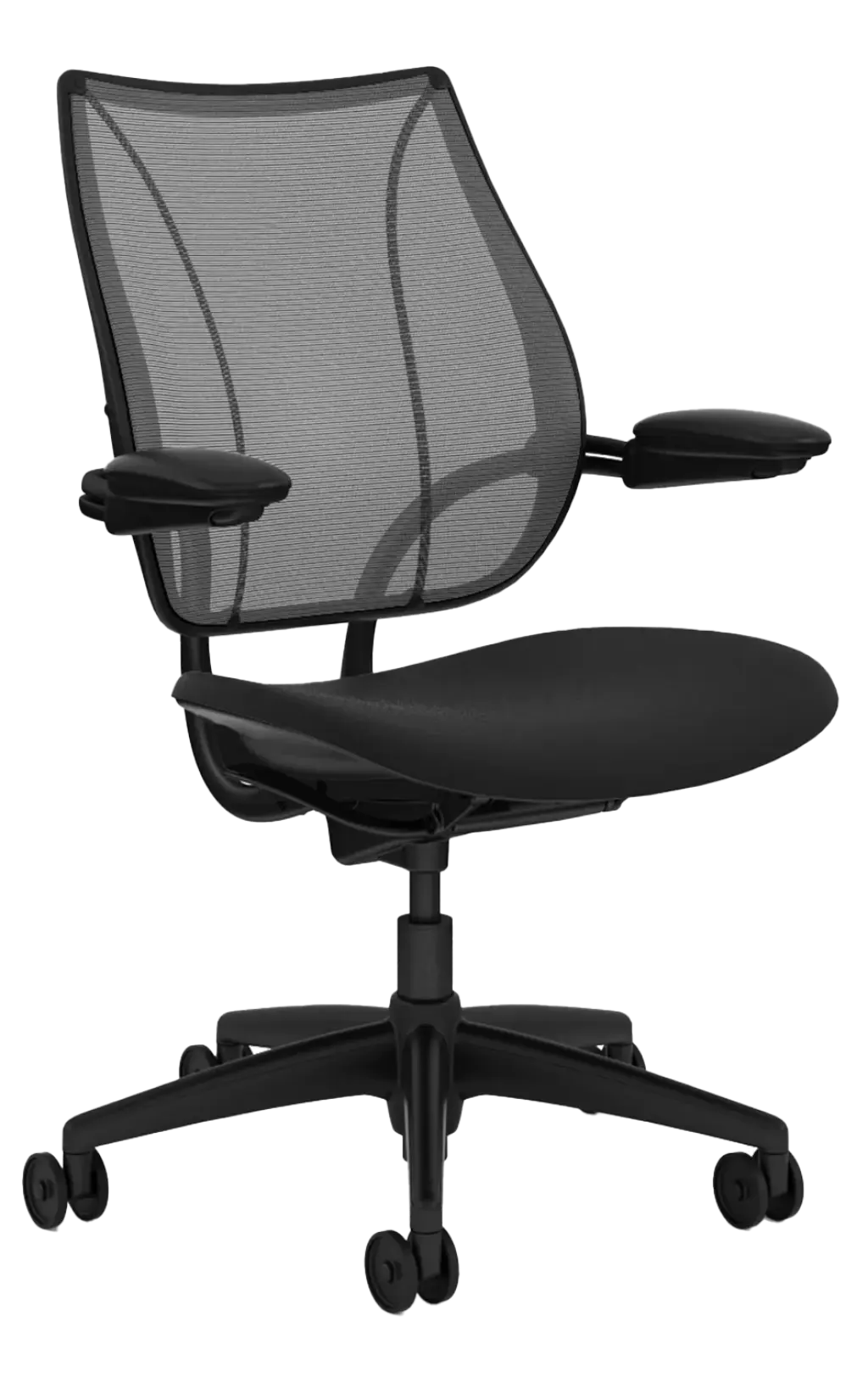 Liberty Task Chair-Self adjusting recline mechanism-Black Powder Coated Aluminium Frame-Black Polyurethane Shell/Base-Netting Back/Fabric seat