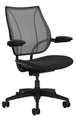 Liberty Task Chair-Self adjusting recline mechanism-Black Powder Coated Aluminium Frame-Black Polyurethane Shell/Base-Netting Back/Fabric seat