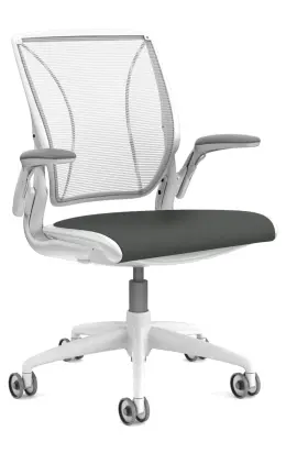 World Task Chair-Mechanism free-Self Adjustment Recline-White Poly Frame and Base-Height Adjustable Arms-White Pinstripe Netting Back/Grey seat
