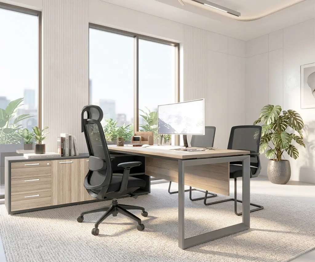 Novara L Shape Desk 1800Wx1800D ,25mm Vintage Elm Top,Central locking pedestal,50x50 Bevel steel grey Loop Leg, Tempest grey accents on storage, LHS