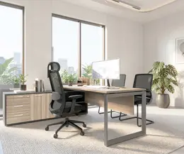 Novara L Shape Desk 1800Wx1800D ,25mm Vintage Elm Top,Central locking pedestal,50x50 Bevel steel grey  Loop Leg, Tempest grey accents on storage, LHS