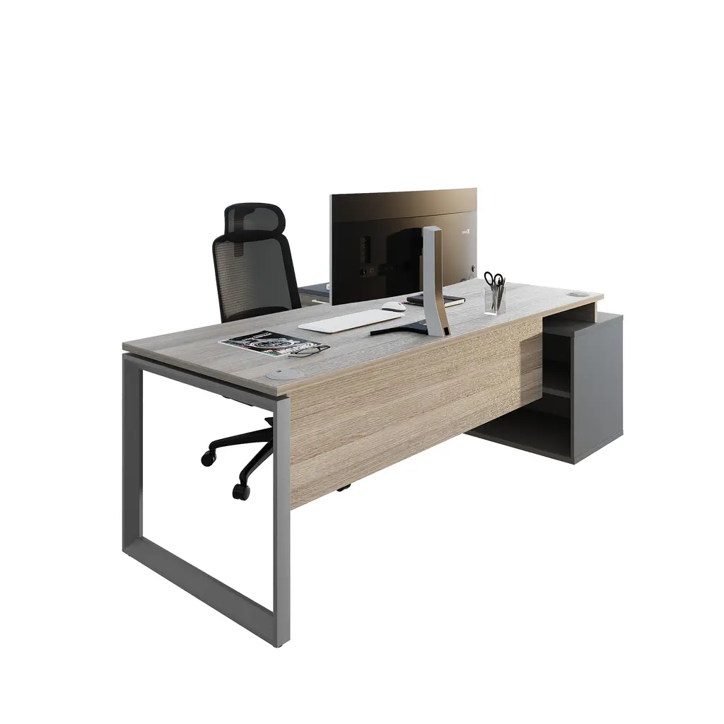 Novara L Shape Desk 1800Wx1800D ,25mm Vintage Elm Top,Central locking pedestal,50x50 Bevel steel grey Loop Leg, Tempest grey accents on storage, LHS