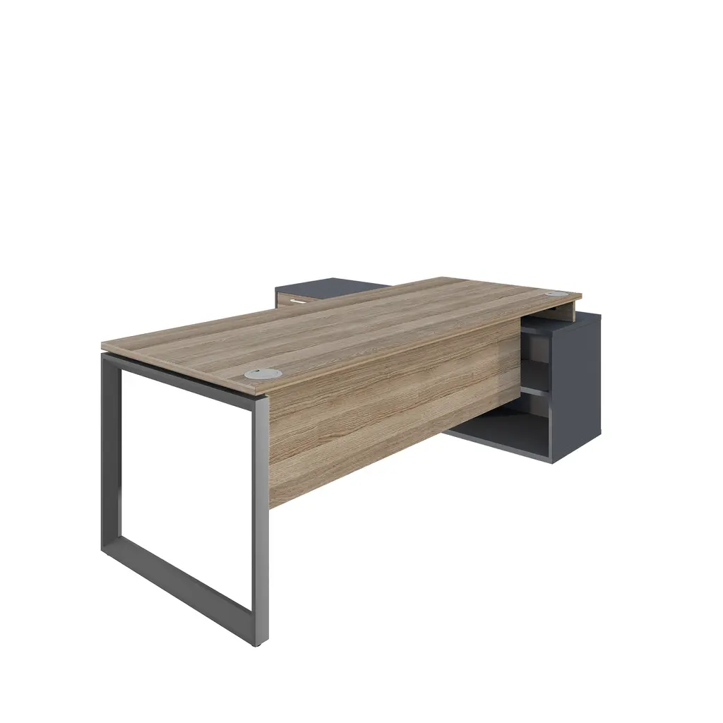 Novara L Shape Desk 1800Wx1800D ,25mm Vintage Elm Top,Central locking pedestal,50x50 Bevel steel grey Loop Leg, Tempest grey accents on storage, LHS