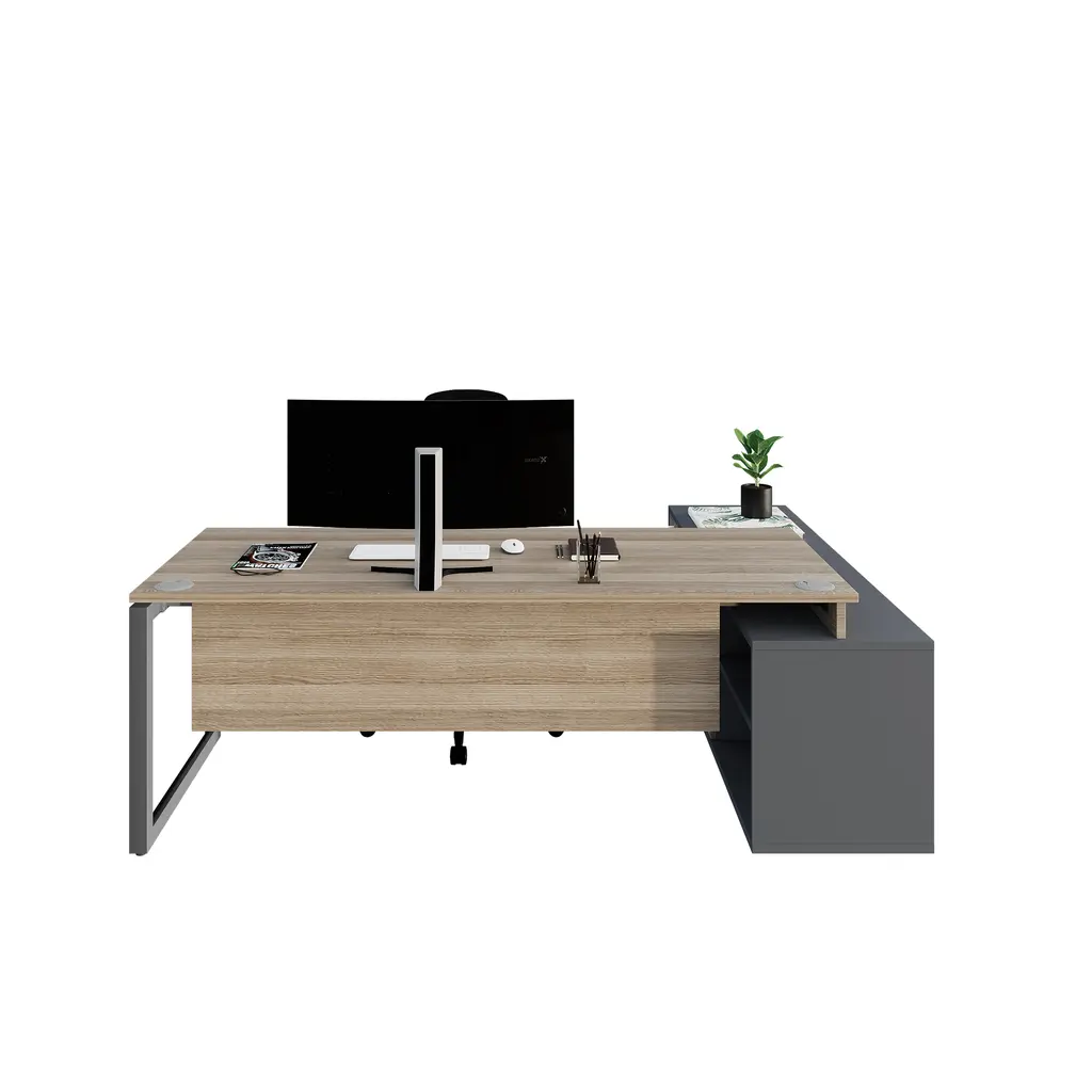 Novara L Shape Desk 1800Wx1800D ,25mm Vintage Elm Top,Central locking pedestal,50x50 Bevel steel grey Loop Leg, Tempest grey accents on storage, LHS