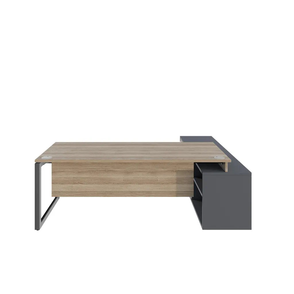 Novara L Shape Desk 1800Wx1800D ,25mm Vintage Elm Top,Central locking pedestal,50x50 Bevel steel grey Loop Leg, Tempest grey accents on storage, LHS