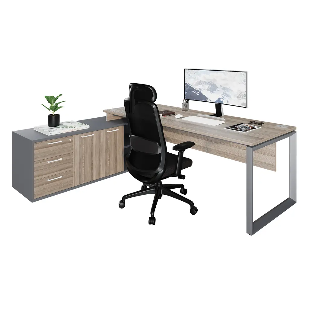 Novara L Shape Desk 1800Wx1800D ,25mm Vintage Elm Top,Central locking pedestal,50x50 Bevel steel grey Loop Leg, Tempest grey accents on storage, LHS