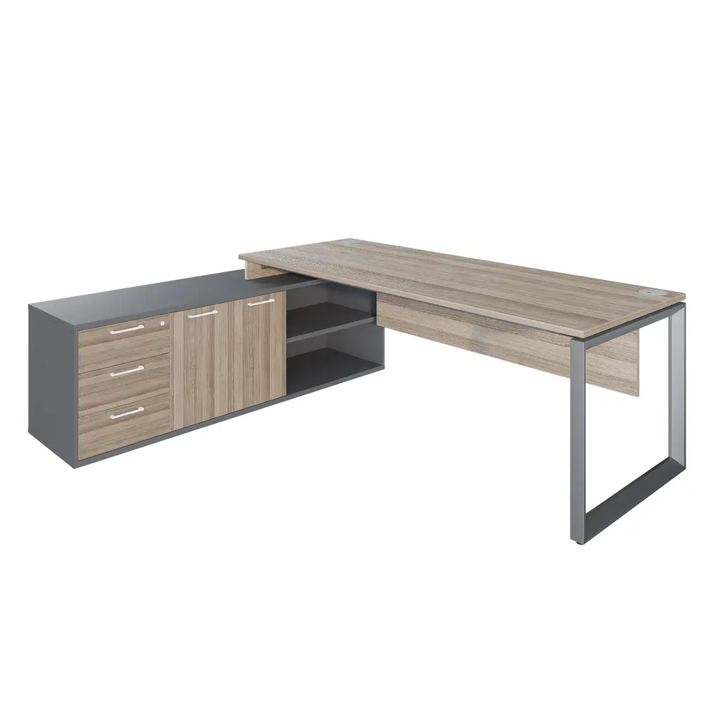 Novara L Shape Desk 1800Wx1800D ,25mm Vintage Elm Top,Central locking pedestal,50x50 Bevel steel grey Loop Leg, Tempest grey accents on storage, LHS