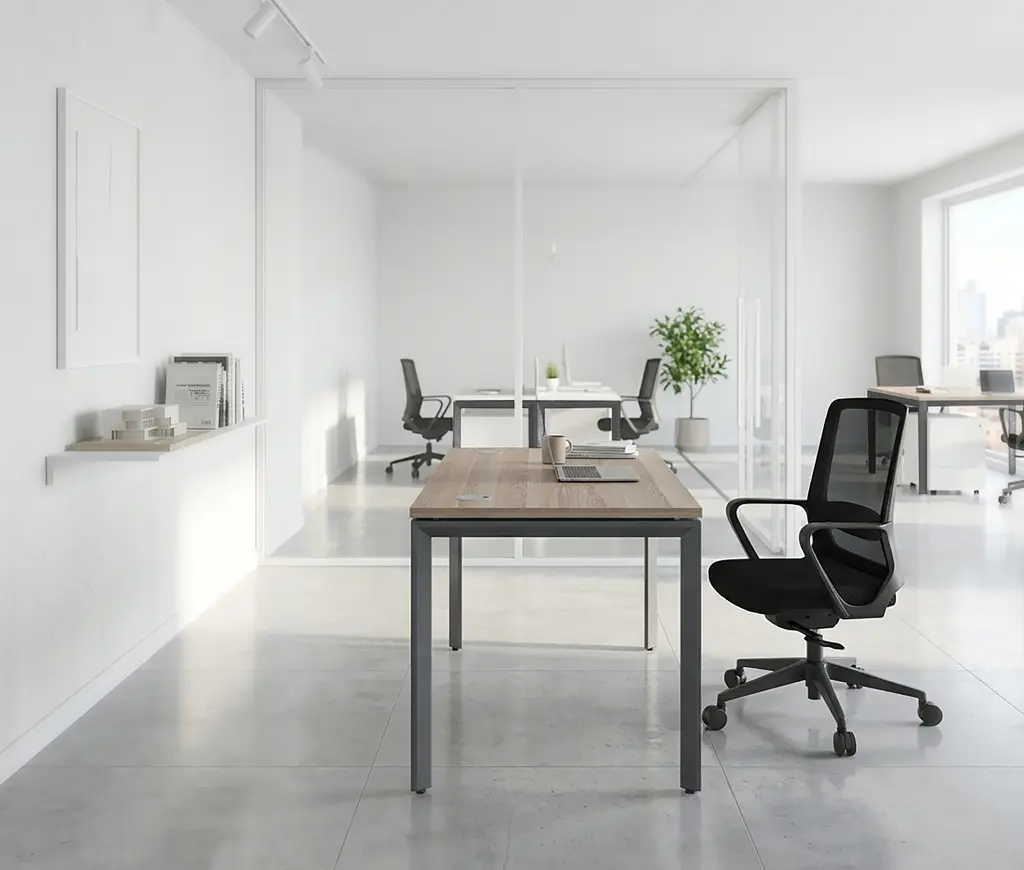 Novara Single Bench Desk 1350Wx750D , Vintage Elm 25mm Top, with 50x50 Bevel grey steel U-Leg
