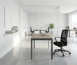 Novara Single Bench Desk 1350Wx750D , Vintage Elm 25mm Top, with 50x50 Bevel grey steel U-Leg