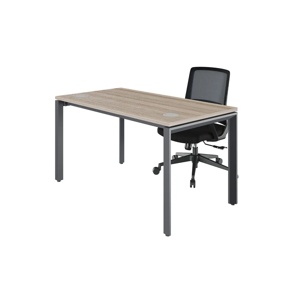 Novara Single Bench Desk 1350Wx750D , Vintage Elm 25mm Top, with 50x50 Bevel grey steel U-Leg
