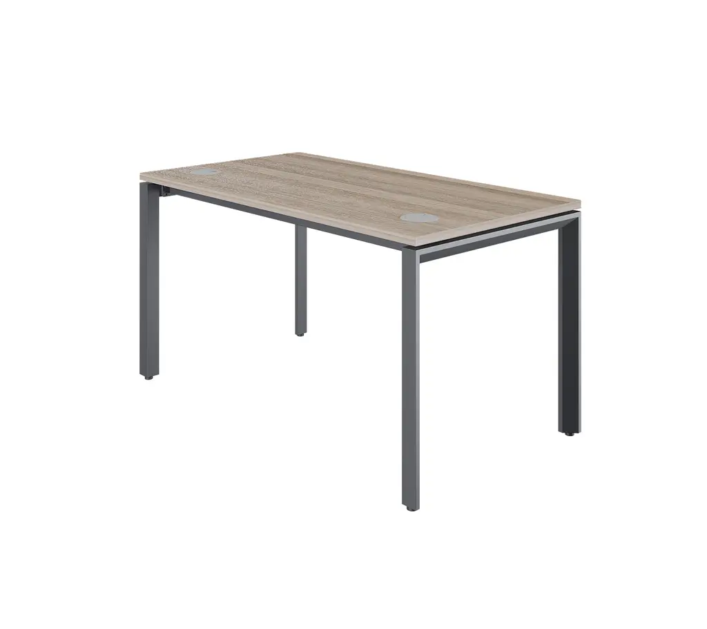 Novara Single Bench Desk 1350Wx750D , Vintage Elm 25mm Top, with 50x50 Bevel grey steel U-Leg