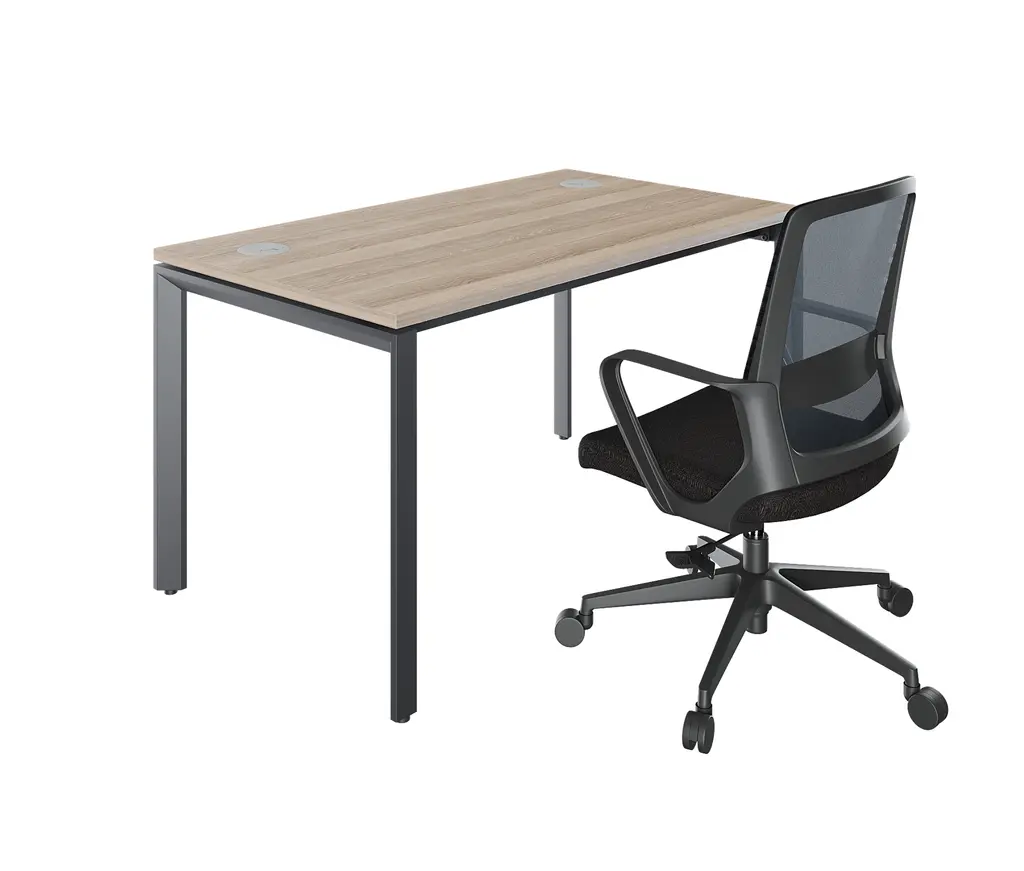 Novara Single Bench Desk 1350Wx750D , Vintage Elm 25mm Top, with 50x50 Bevel grey steel U-Leg