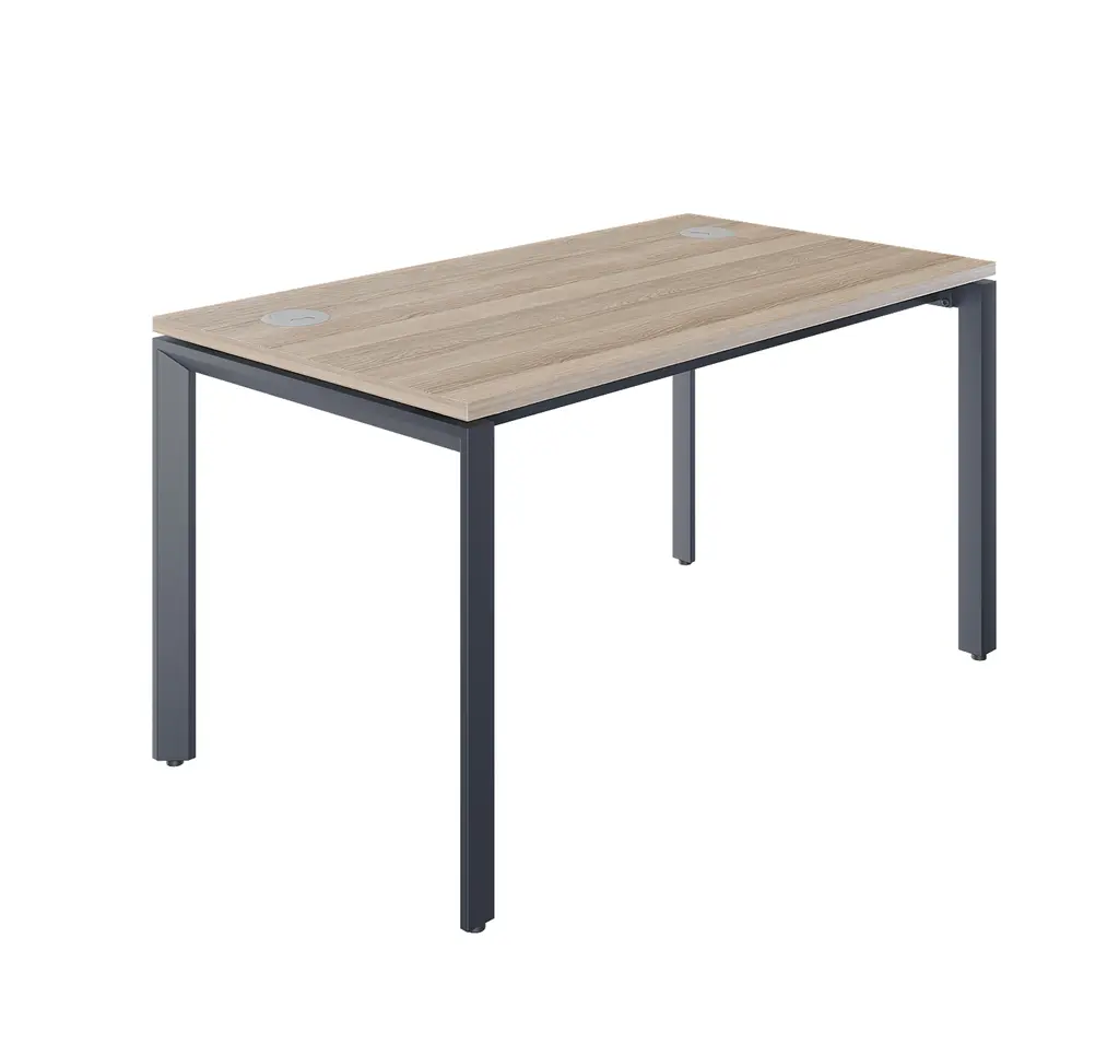 Novara Single Bench Desk 1350Wx750D , Vintage Elm 25mm Top, with 50x50 Bevel grey steel U-Leg
