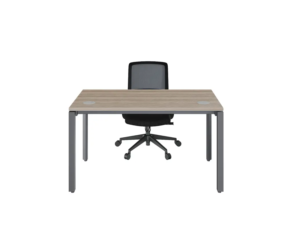 Novara Single Bench Desk 1350Wx750D , Vintage Elm 25mm Top, with 50x50 Bevel grey steel U-Leg