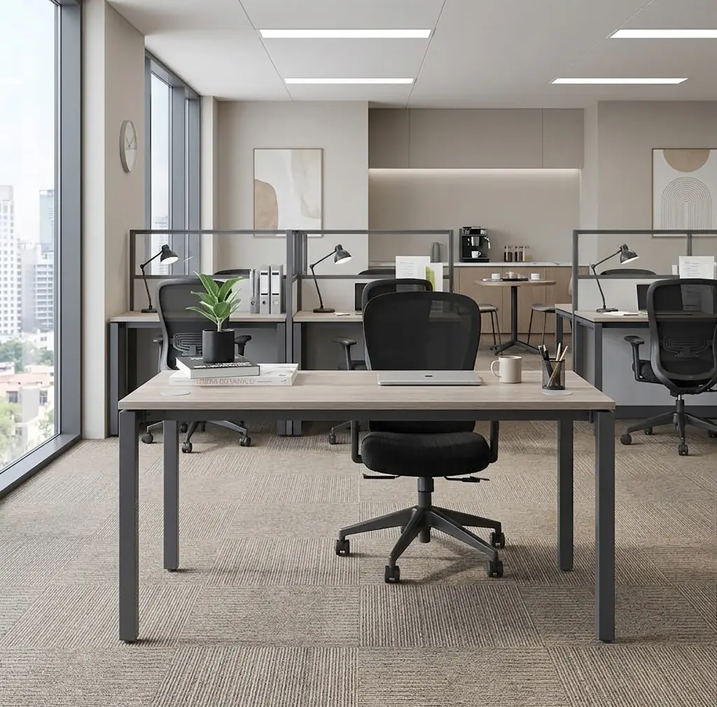 Novara Single Bench Desk 1600Wx750D , 25mm Top ,with 50x50 Bevel grey steel U-leg