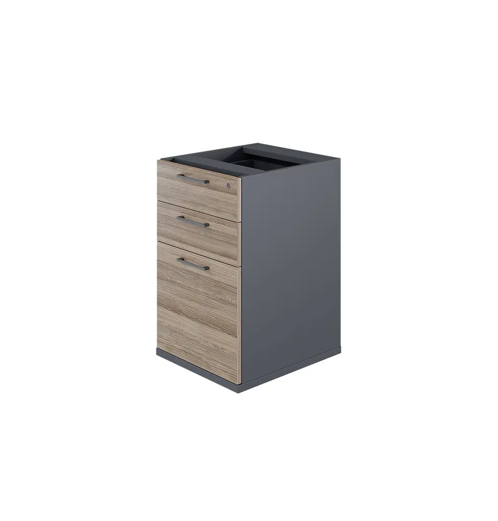 Novara Desk Height Pedestal in Vintage Elm, Central Locking on Pedestal, 2 Std.Dwr, 1 Filing Drawer,Tempest grey accents on stoarge