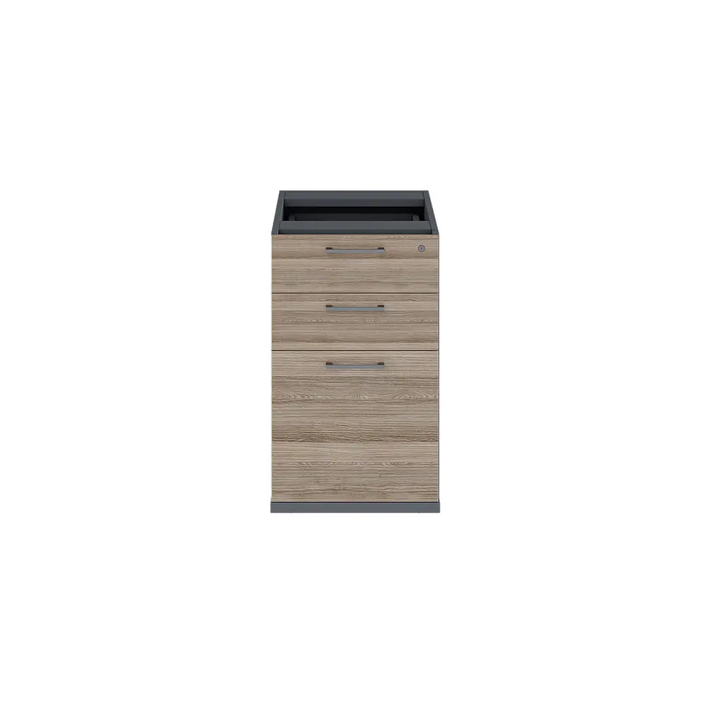 Novara Desk Height Pedestal in Vintage Elm, Central Locking on Pedestal, 2 Std.Dwr, 1 Filing Drawer,Tempest grey accents on stoarge