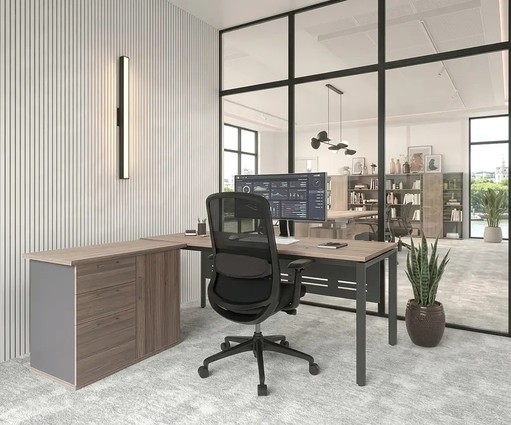 Novara Hinged Door Vintage Elm Pedenza 900W x 500D x 725h,Lockable Cupboard, Central Locking on Pedestal, 2 Std.Dwr, 1 Filing Drawer, Tempest grey ac