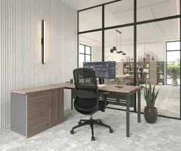 Novara Hinged Door  Vintage Elm Pedenza 900W x 500D x 725h,Lockable Cupboard, Central Locking on Pedestal, 2 Std.Dwr, 1 Filing Drawer, Tempest grey ac
