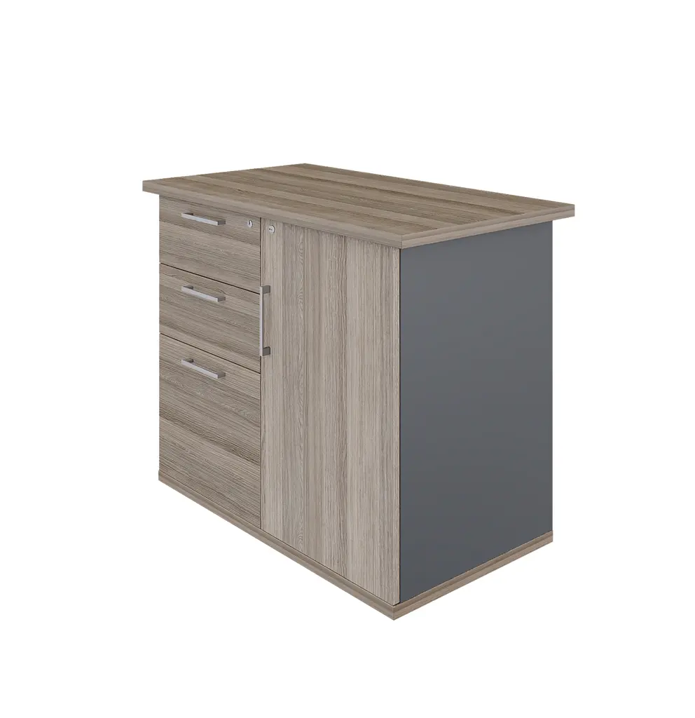 Novara Hinged Door Vintage Elm Pedenza 900W x 500D x 725h,Lockable Cupboard, Central Locking on Pedestal, 2 Std.Dwr, 1 Filing Drawer, Tempest grey ac