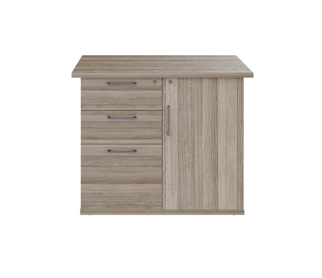 Novara Hinged Door Vintage Elm Pedenza 900W x 500D x 725h,Lockable Cupboard, Central Locking on Pedestal, 2 Std.Dwr, 1 Filing Drawer, Tempest grey ac