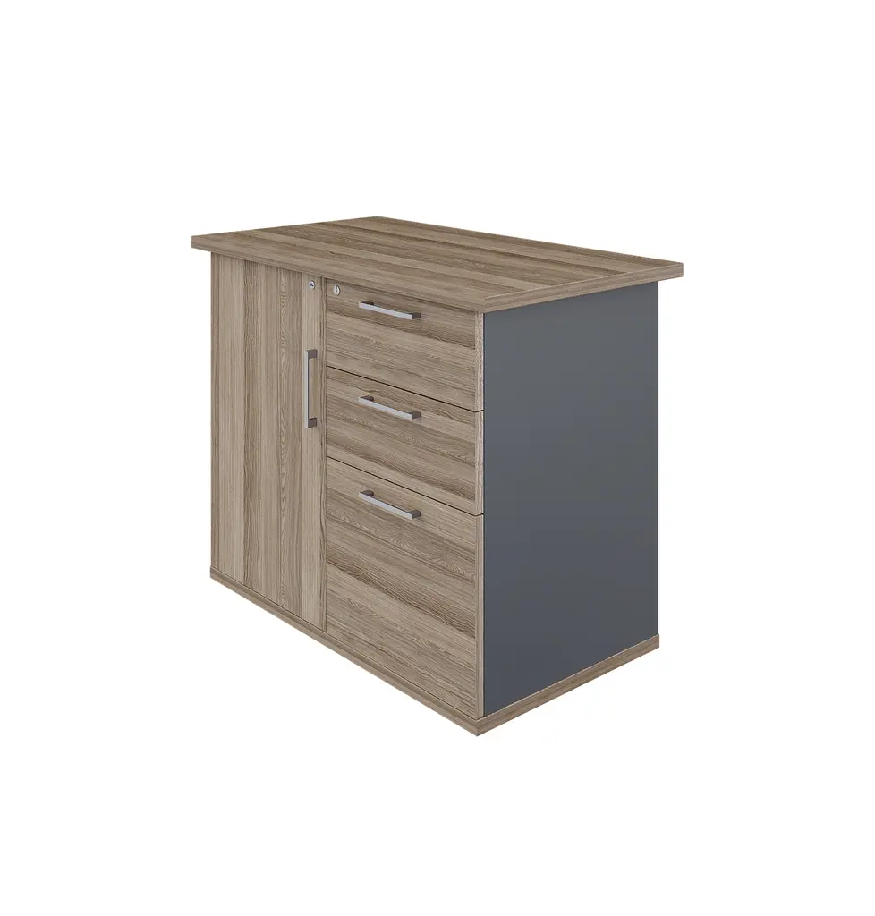 Novara Hinged DooriVintage Elm Pedenza 900W x 500D x 725h,Lockable Cupboard, Central Locking on Pedestal, 2 Std.Dwr, 1 Filing Drawer, Tempest grey acc