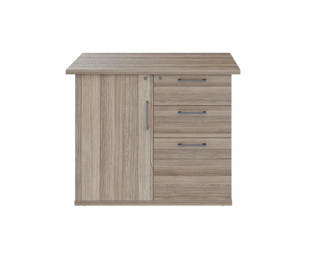 Novara Hinged DooriVintage Elm Pedenza 900W x 500D x 725h,Lockable Cupboard, Central Locking on Pedestal, 2 Std.Dwr, 1 Filing Drawer, Tempest grey acc
