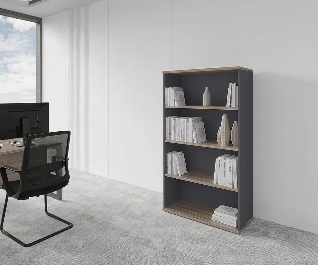 Novara Open Bookcase 4 Tier 900W x 1600H in Vintage Elm and Tempest Grey accents on storage