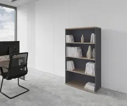 Novara Open Bookcase 4 Tier 900W x 1600H in Vintage Elm and Tempest Grey accents on storage