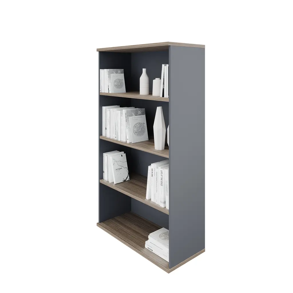 Novara Open Bookcase 4 Tier 900W x 1600H in Vintage Elm and Tempest Grey accents on storage