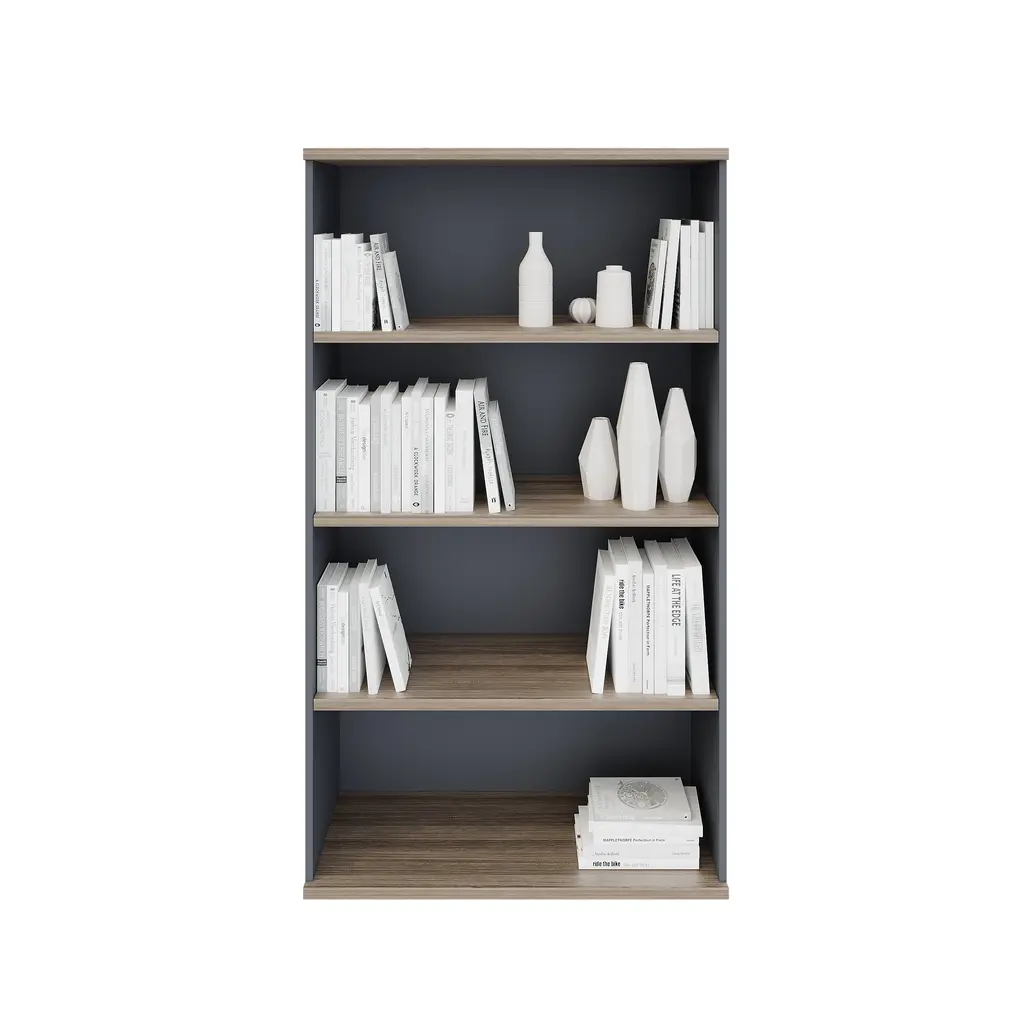 Novara Open Bookcase 4 Tier 900W x 1600H in Vintage Elm and Tempest Grey accents on storage