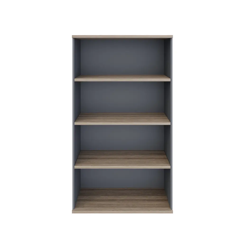 Novara Open Bookcase 4 Tier 900W x 1600H in Vintage Elm and Tempest Grey accents on storage
