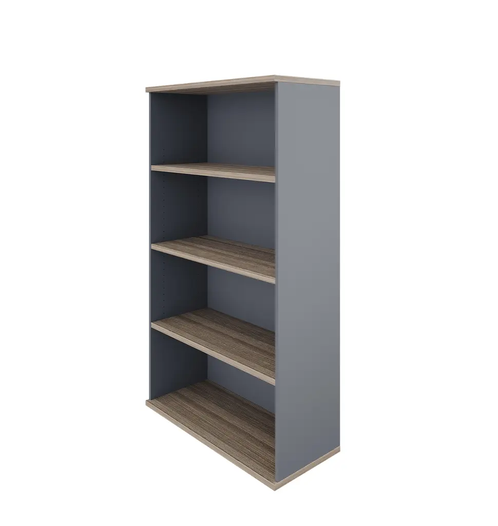 Novara Open Bookcase 4 Tier 900W x 1600H in Vintage Elm and Tempest Grey accents on storage