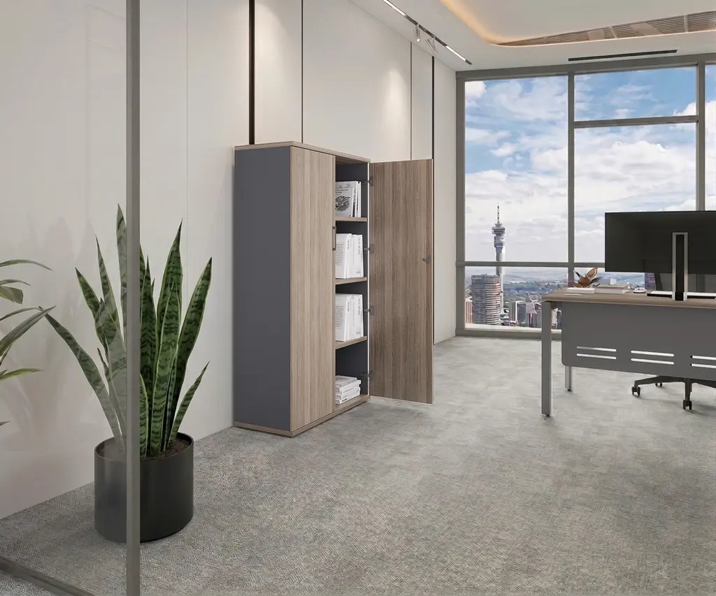 Novara Door Bookcase 4 Tier 900W x 1600H in Vintage Elm and Tempest Grey accents on storage