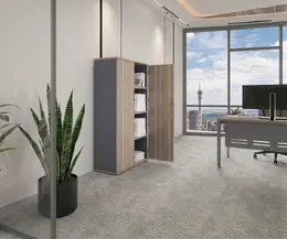 Novara Door Bookcase 4 Tier 900W x 1600H in Vintage Elm and Tempest Grey accents on storage
