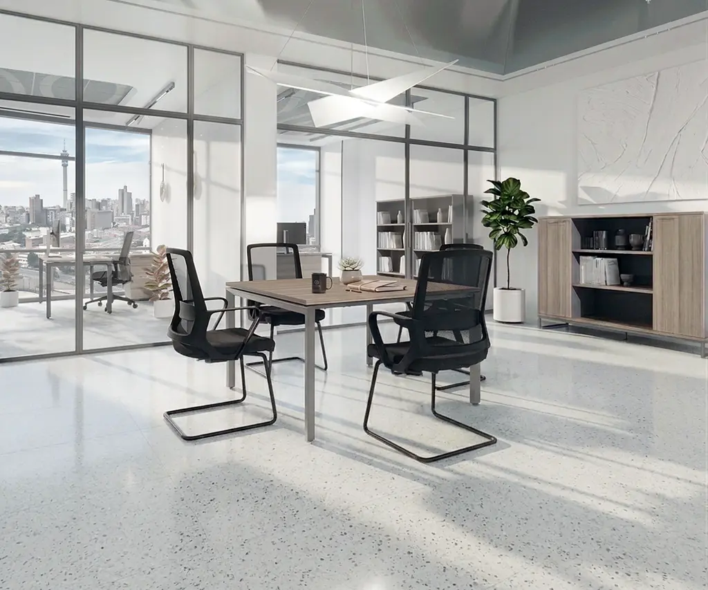 Novara Square Conference Table 1200W x 1200D x 725H ,Vintage Elm 25mm Top, 50x50 Bevel grey steel U-Legs