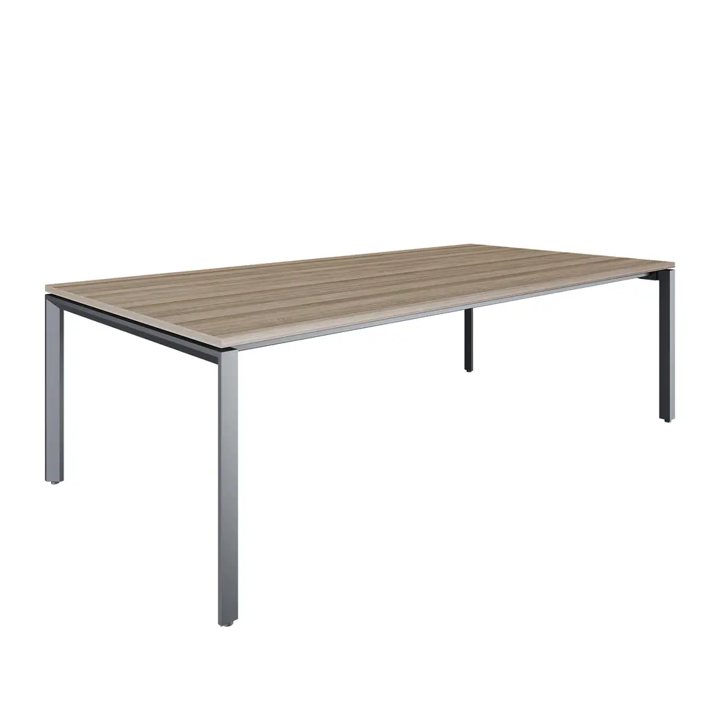 Novara Boardroom Table 2400W x 1200D x 725H, in Vintage Elm 25mm Top, 50x50 Bevel grey steel U-Legs