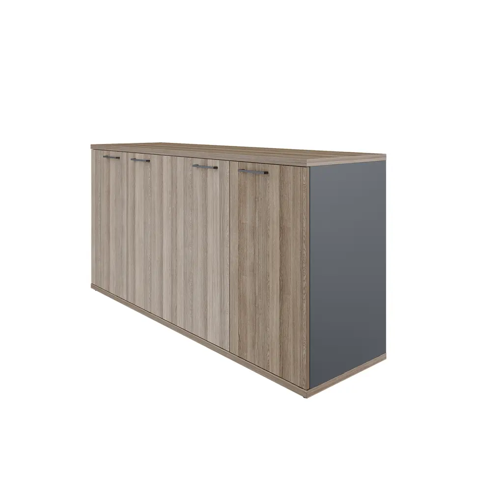 Novara Server with 4 Doors in Vintage Elm, 1600W x 450D x 800H on 6 x Height Adjusters, 2 x 25mm shelves, grey accents on storage