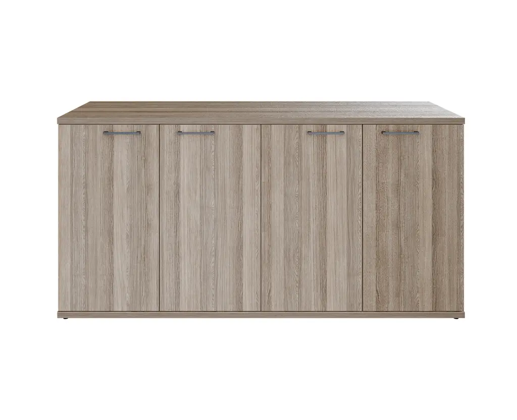 Novara Server with 4 Doors in Vintage Elm, 1600W x 450D x 800H on 6 x Height Adjusters, 2 x 25mm shelves, grey accents on storage