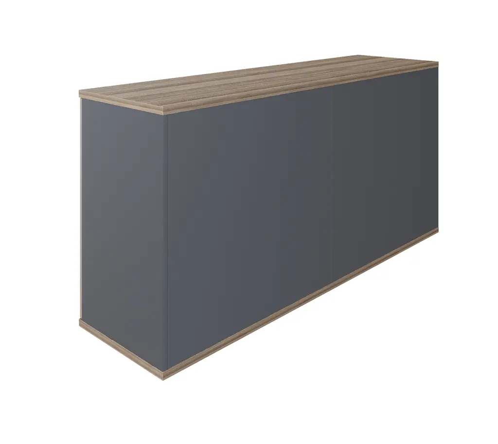 Novara Server with 4 Doors in Vintage Elm, 1600W x 450D x 800H on 6 x Height Adjusters, 2 x 25mm shelves, grey accents on storage