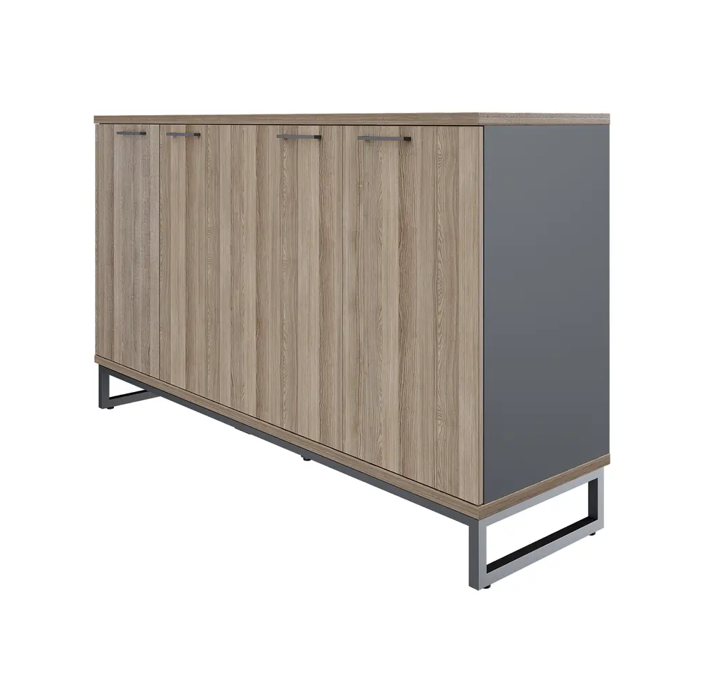 Novara Server with 4 Doors in Vintage Elm, 1600W x 450D x 800H on 25mm square loop steel leg , 2 x 25mm shelves,grey accents on storage