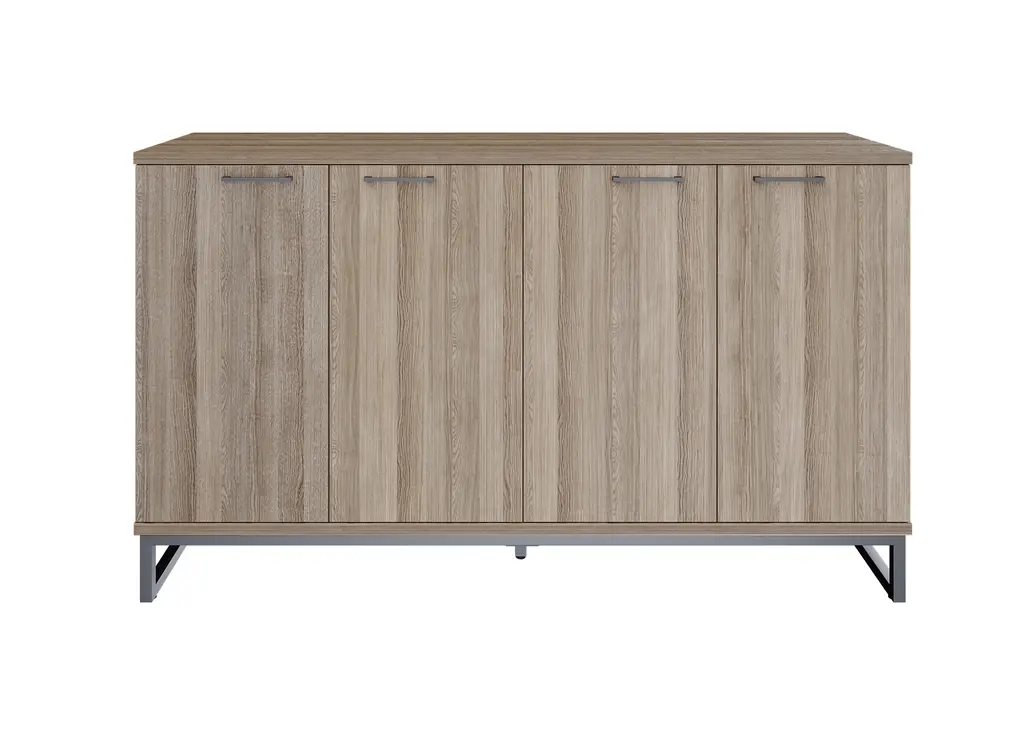Novara Server with 4 Doors in Vintage Elm, 1600W x 450D x 800H on 25mm square loop steel leg , 2 x 25mm shelves,grey accents on storage