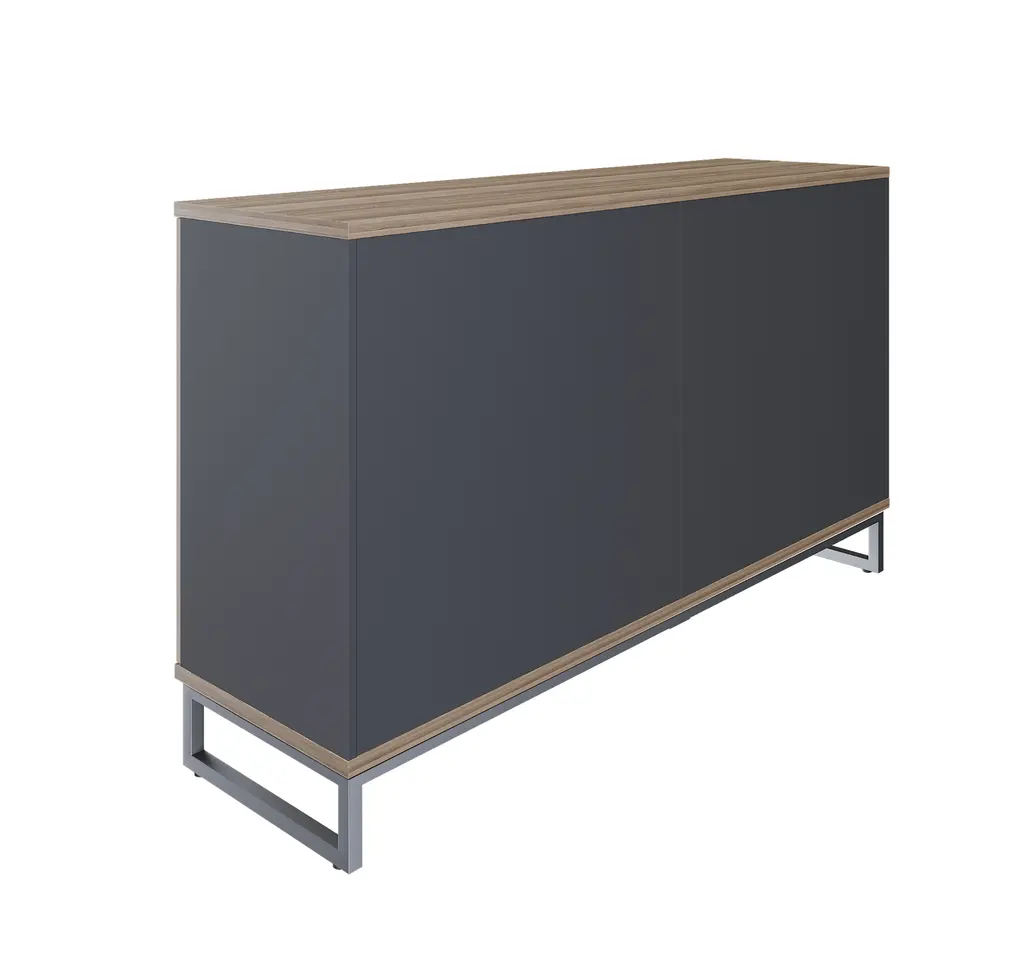 Novara Server with 4 Doors in Vintage Elm, 1600W x 450D x 800H on 25mm square loop steel leg , 2 x 25mm shelves,grey accents on storage